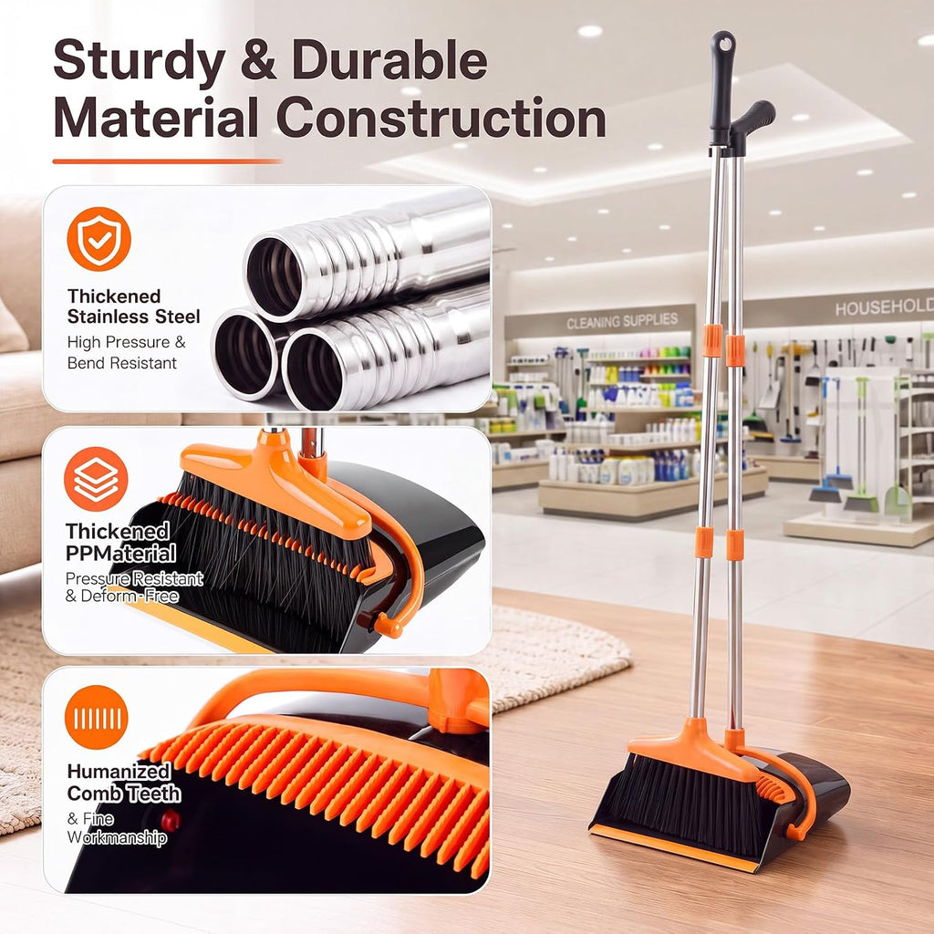 3 Pack Commercial Broom and Dustpan Set, 37.5" Long Handle Combo for Home