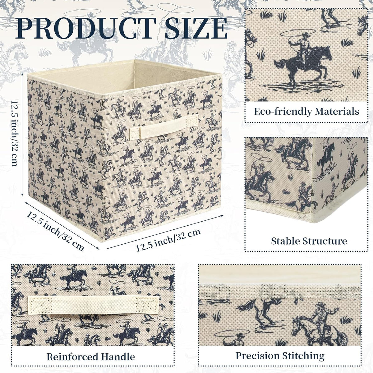 6 Pcs western Cow Cube Storage Bins 12.5 inch with Handle（Navy western）
