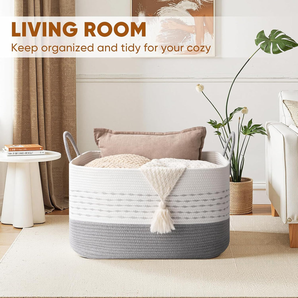 OIASKET 75L Large Cotton Rope Storage Basket, Soft Decorative Blanket Basket for Living Room & Bedroom, Boho Laundry Hamper with Handles Capable of Holding Pillows, Clothes and Toys-Grey & White