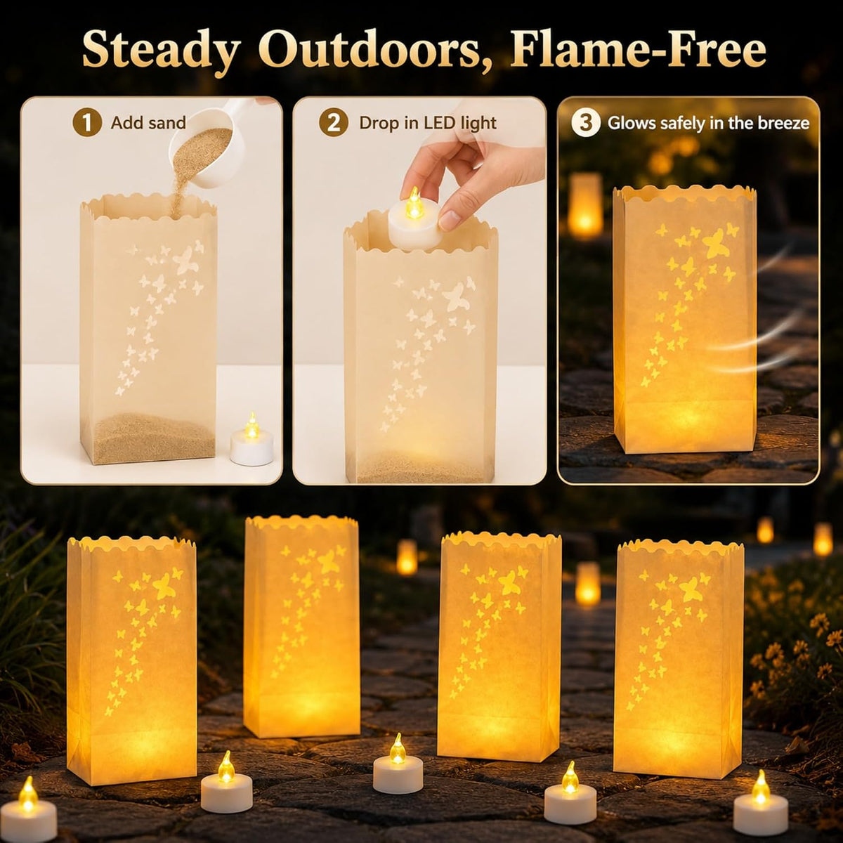 AceList 50 Butterfly Luminary Bags with 50 Flameless LED Tea Lights