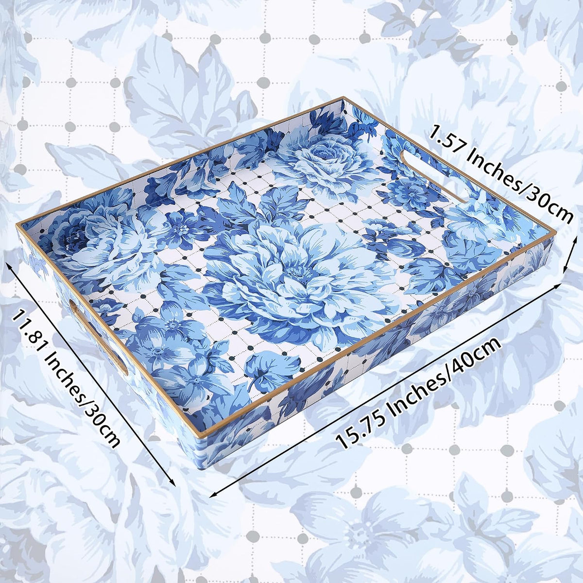 Serving Tray with Handles, Rectangular Plastic Tray 15.75x11.81 Inch, Decorative Tray for Kitchen, Dining Table, Vanity, Office & Home (Blue Peony, 15.8" x 11.8" x 1.6")