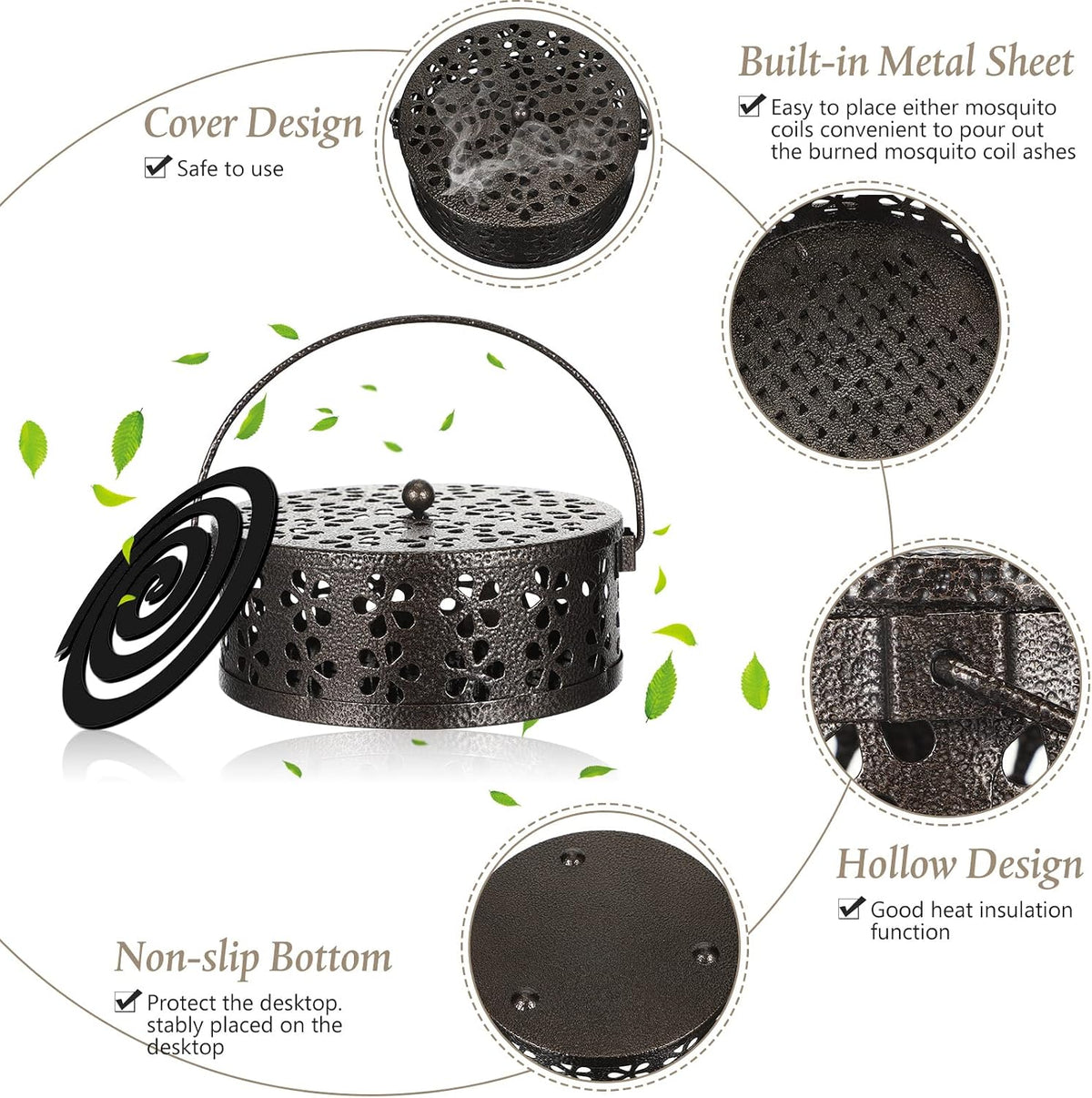 Lallisa 4 Pieces Coil Holder Retro Iron Incense Holder Long Lasting Portable Coil Incense Burner for Indoor Outdoor Hanging Camping Patio, 5.3 Inch in Diameter