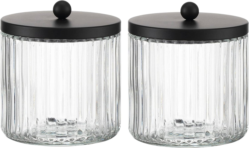 KMwares 2-Pack Glass Qtip Holder Dispenser Set - Bathroom Canister Storage Organizer for Cotton Balls, Swabs, Floss Picks, and Makeup Sponges with Matte Black Metal Lid - Clear Vanity Apothecary Jars