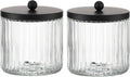 KMwares 2-Pack Glass Qtip Holder Dispenser Set - Bathroom Canister Storage Organizer for Cotton Balls, Swabs, Floss Picks, and Makeup Sponges with Matte Black Metal Lid - Clear Vanity Apothecary Jars