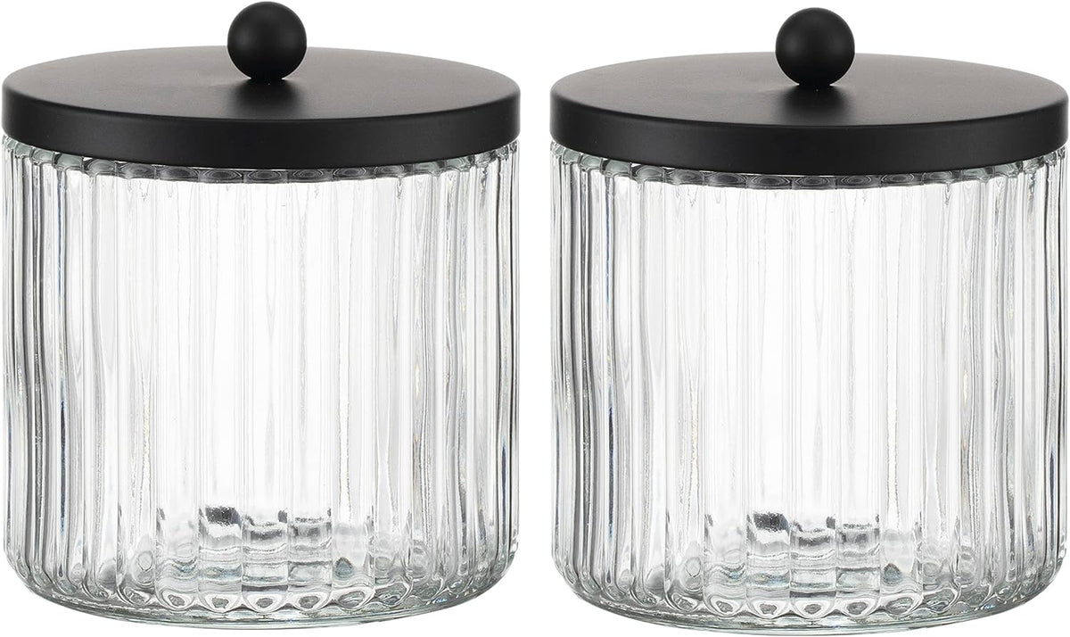 KMwares 2-Pack Glass Qtip Holder Dispenser Set - Bathroom Canister Storage Organizer for Cotton Balls, Swabs, Floss Picks, and Makeup Sponges with Matte Black Metal Lid - Clear Vanity Apothecary Jars