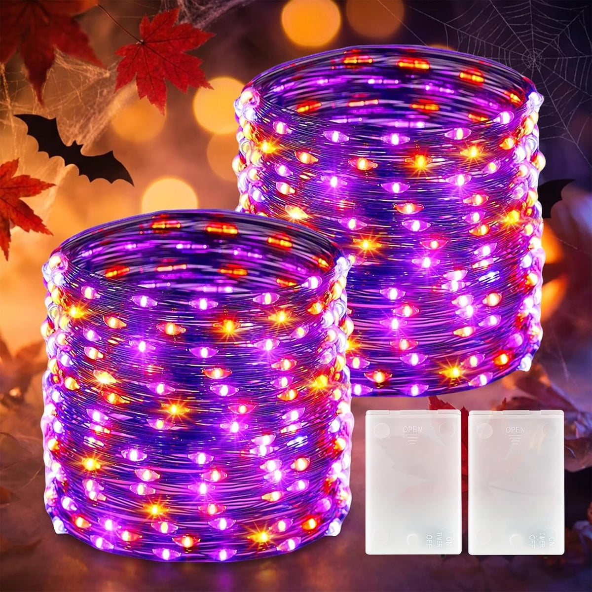 Brightown-Halloween-Fairy-Lights-Purple-Orange, 2Pack 16.4FT 50 LED Lights