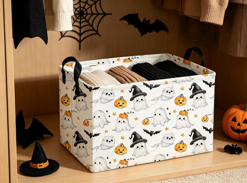Rectangular Halloween Baskets Ghost Basket Cute Storage Bins Organizer Box Girls Room Decor for Home.(Cute Ghost)