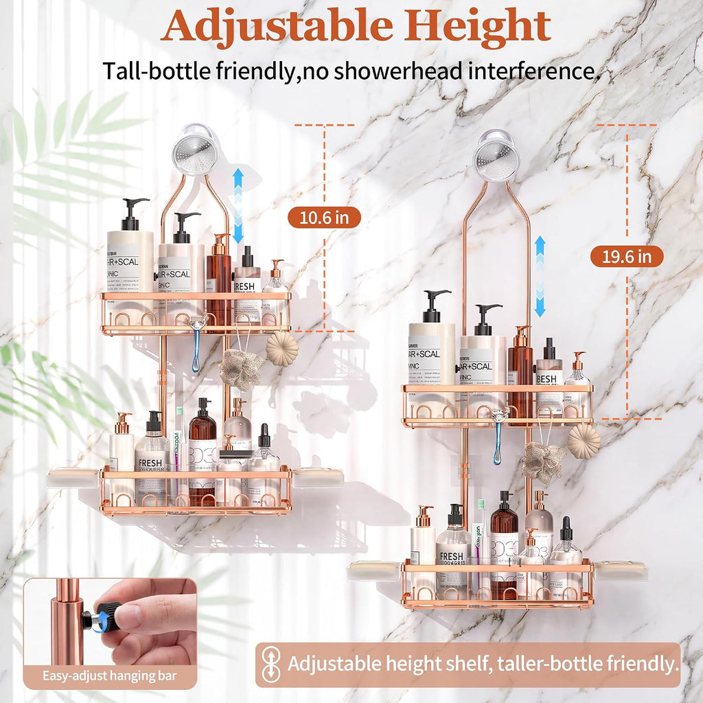 Skyapex Shower Caddy Hanging: Adjustable Height No Blocking to Shower Head - Shower Caddy Over Showerhead Shower Organizer - Rustproof Shower Shelves with Hooks 2 Soap Holders, Rose Gold