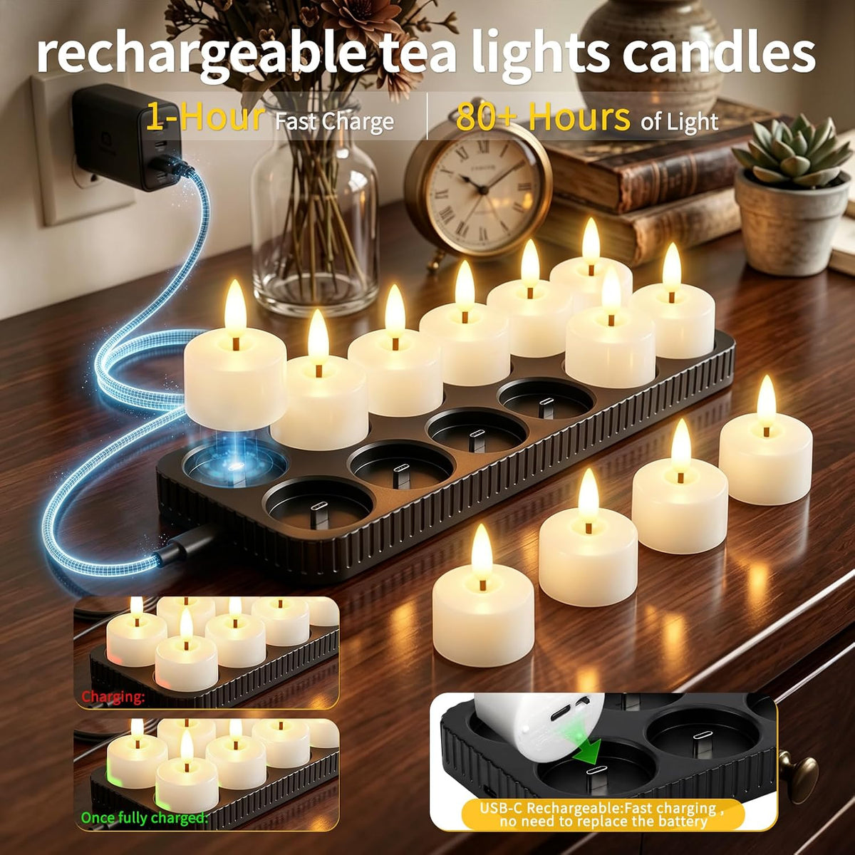 Rechargeable Flameless Candles with Remote Timer & Charging Base (12 Pack)