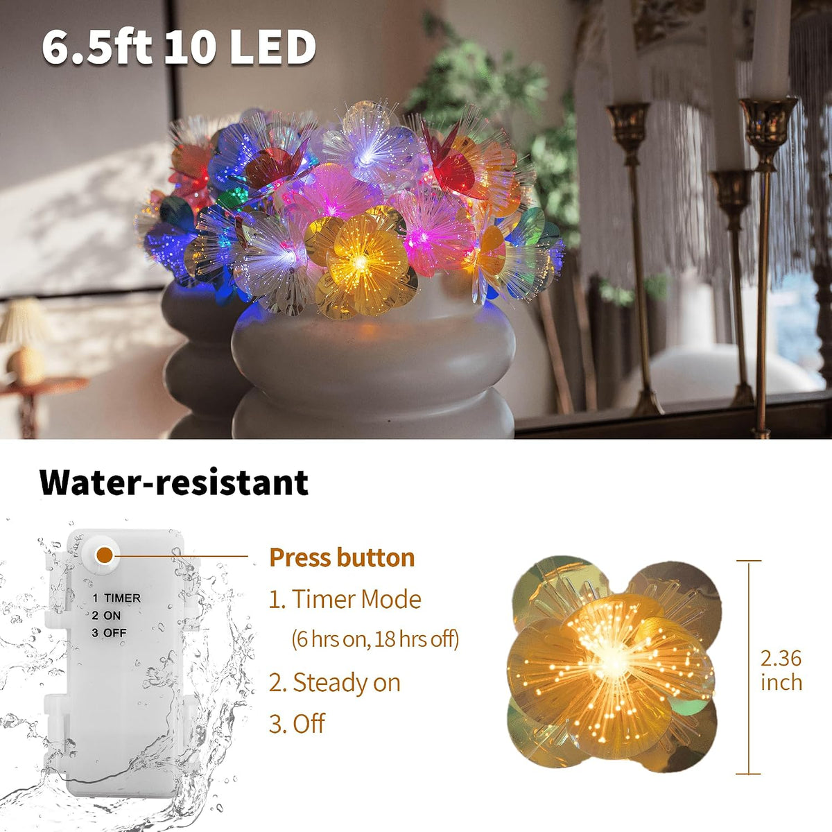 YOLIGHT Fiber Optic Flower String Lights Battery Operated with Timer 6.5ft