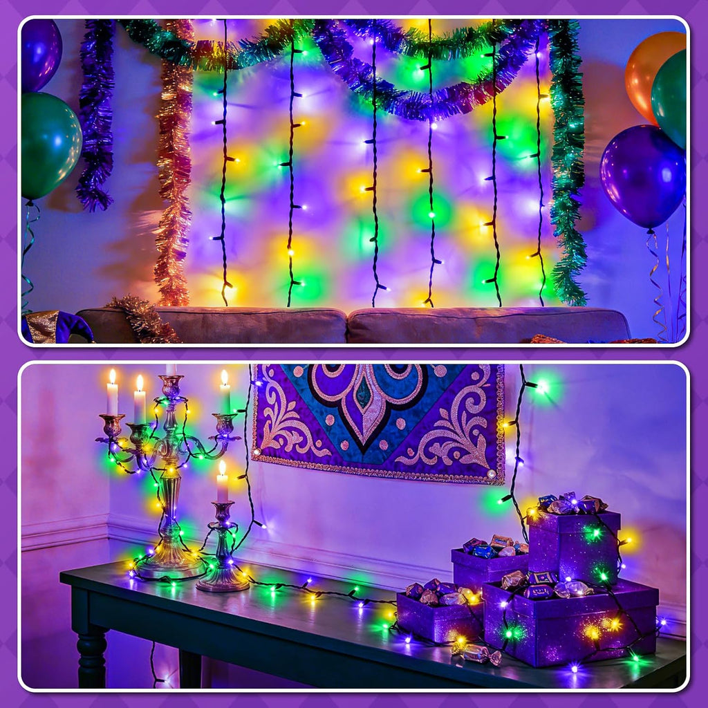 cshare Purple Green and Yellow Lights Battery Operated, Mardi Gras Lights with Timer Waterproof 16.4ft 50 LED Indoor Outdoor Mardi Gras Decorations Garland Party Patio Garden Yard