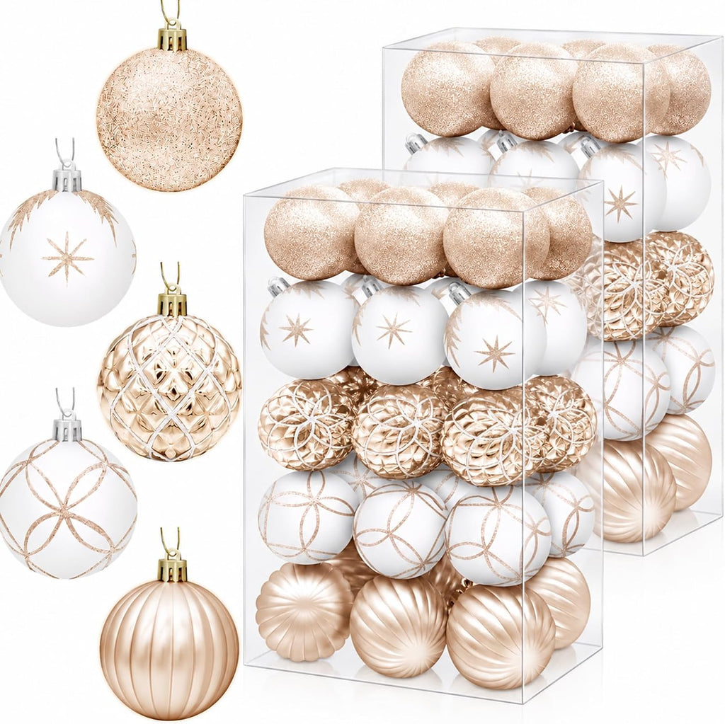 2.5 Inch Christmas Ball Ornaments, 60-Piece Set, Champagne & White
