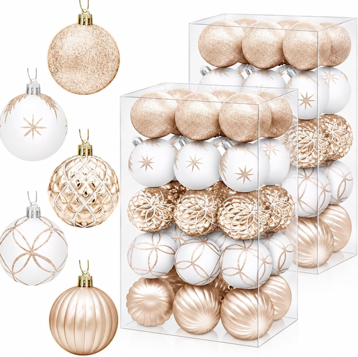2.5 Inch Christmas Ball Ornaments, 60-Piece Set, Champagne & White