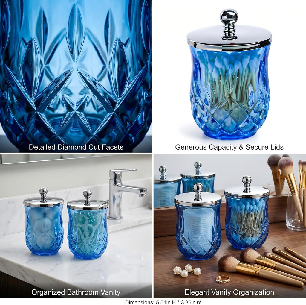 2 Pack 10Oz Blue Q-Tip Holder, Round Thick Glass