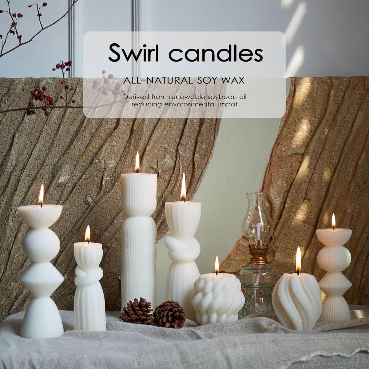 7 Pcs Large Ribbed Pillar Candles - Handmade Soy Wax Candles for Home Decor, Modern Shelf Decor, Housewarming Gift, Aesthetic Room Decor (White)