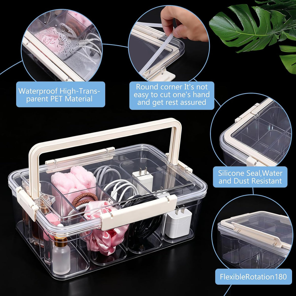 Large Cable Storage Box with Lid Clear Power Cords Organizer 4 Adjustable Dividers Case Desktop Cable Management Box for Home Office Phone Charger Art Crafts Stationery (Yellow)