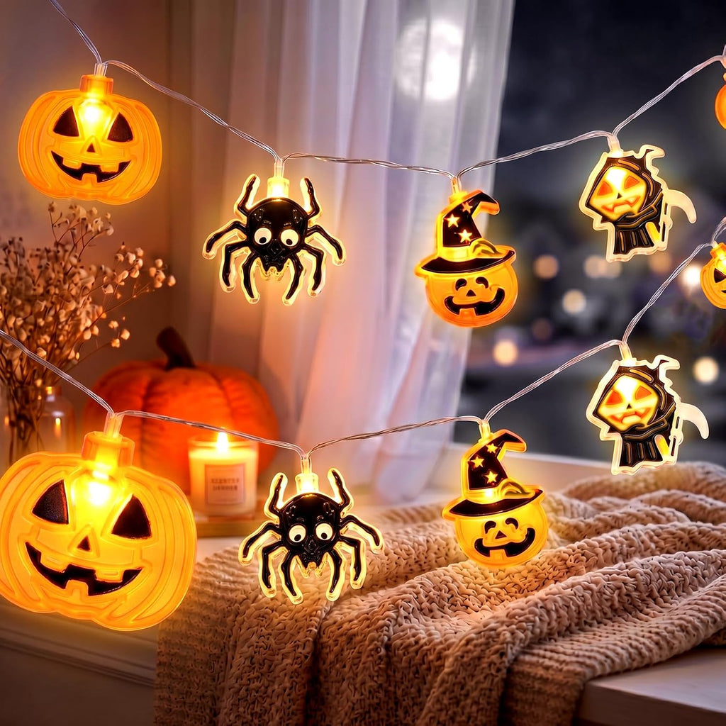 Halloween String Lights Indoor: 16.4 FT 30 LED Battery Operated Pumpkin Skeleton Spiders Lighted Decorations – 8 Modes Waterproof Timer for Window Porch House Room Bedroom Party Decor