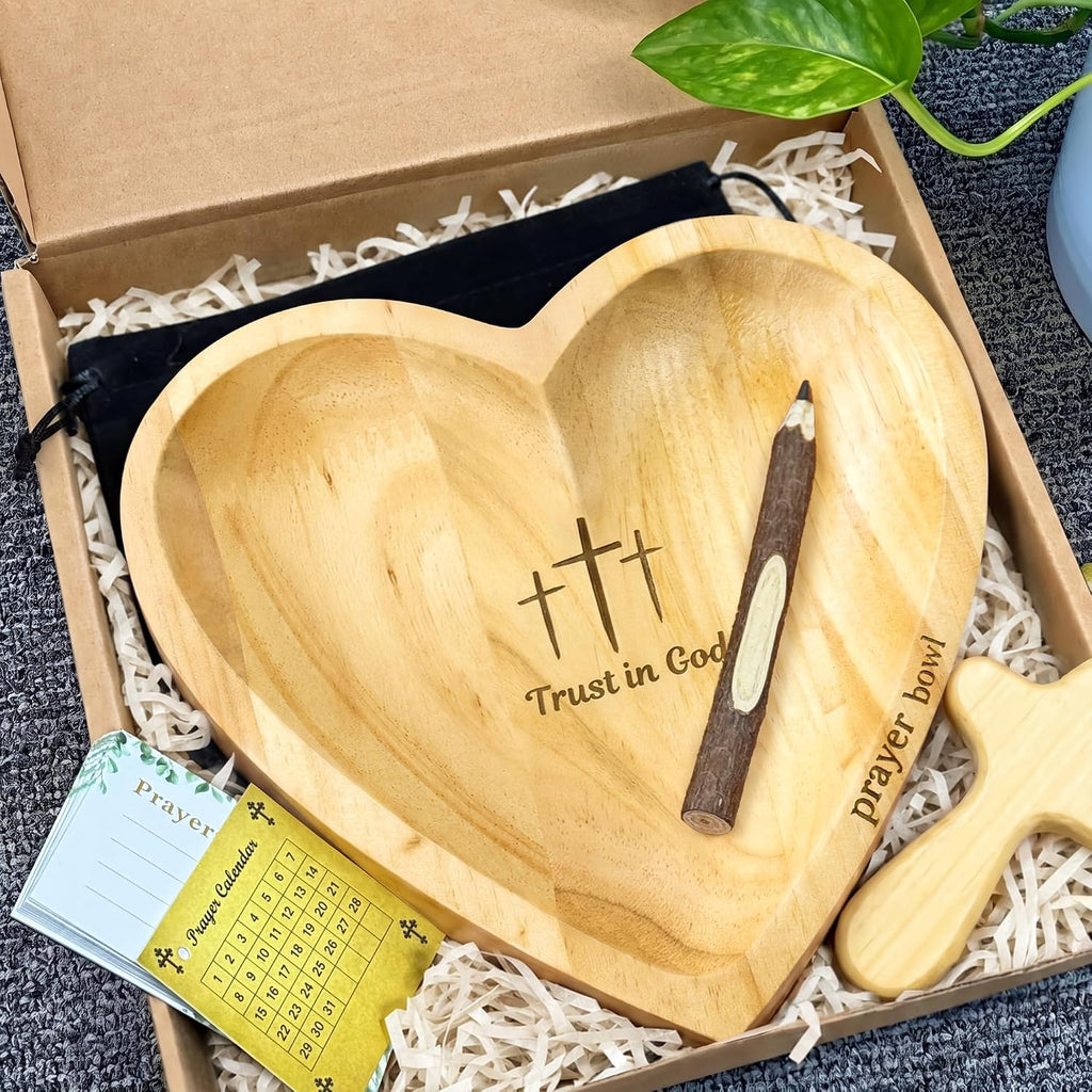Prayer Bowls for Women Trust In God - Wooden Heart Prayer Bowl with 30 Cards & Wooden Fidget Cross - Birthday Gifts for Christian Women, Godmothers, Mom, Natural Heart Decorative Bowl with Storage Bag