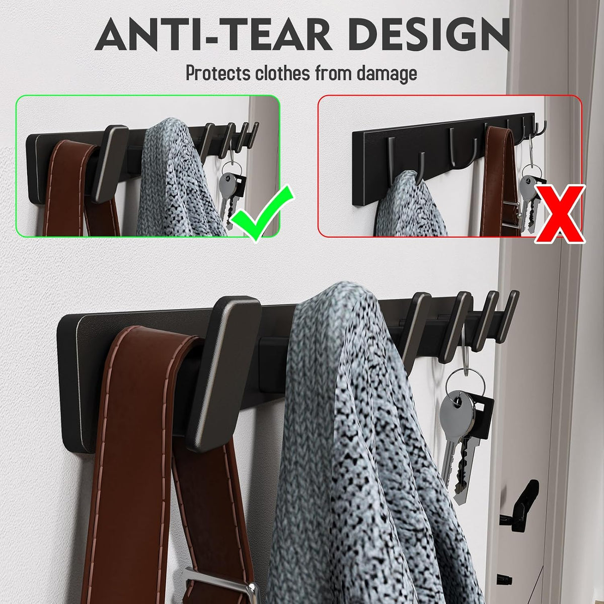 Black Wall Mount Coat Rack, 6 Wall Hooks For Hanging Key Holder Hat Hooks