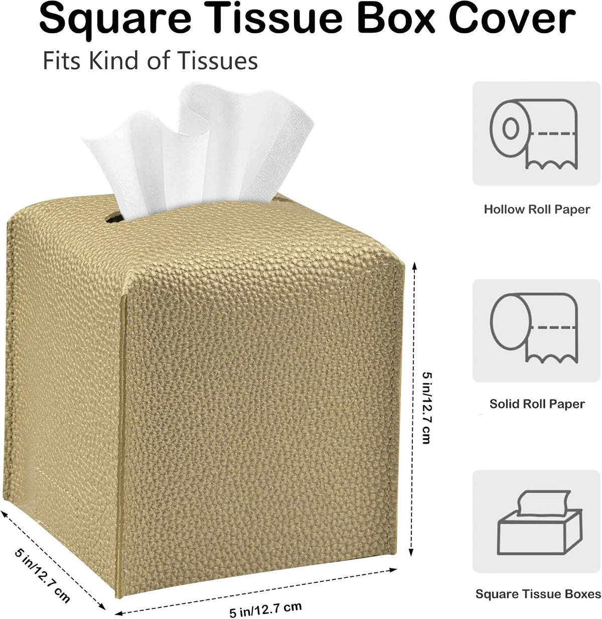 Square Tissue Box Cover PU Leather Tissue Holder for Bathroom, Cube Décorative Organizer, Tissue Paper Dispenser for Bathroom, Kitchen, Bedroom, Office, Tabletop (2, Gold)