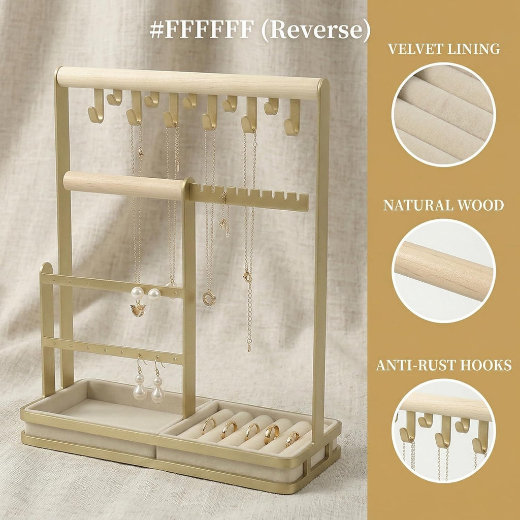 Jewelry Stand Holder Organizer, 4-Tier Necklace Holder with Ring Tray, 11 Hooks Display Storage Tower for Bracelets, Earrings, Watches (White)