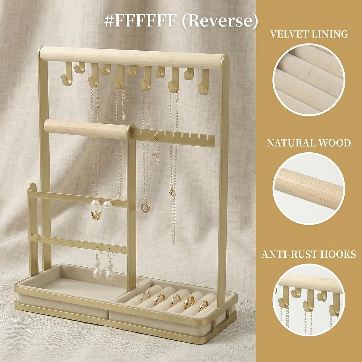 Jewelry Stand Holder Organizer, 4-Tier Necklace Holder with Ring Tray, 11 Hooks Display Storage Tower for Bracelets, Earrings, Watches (White)