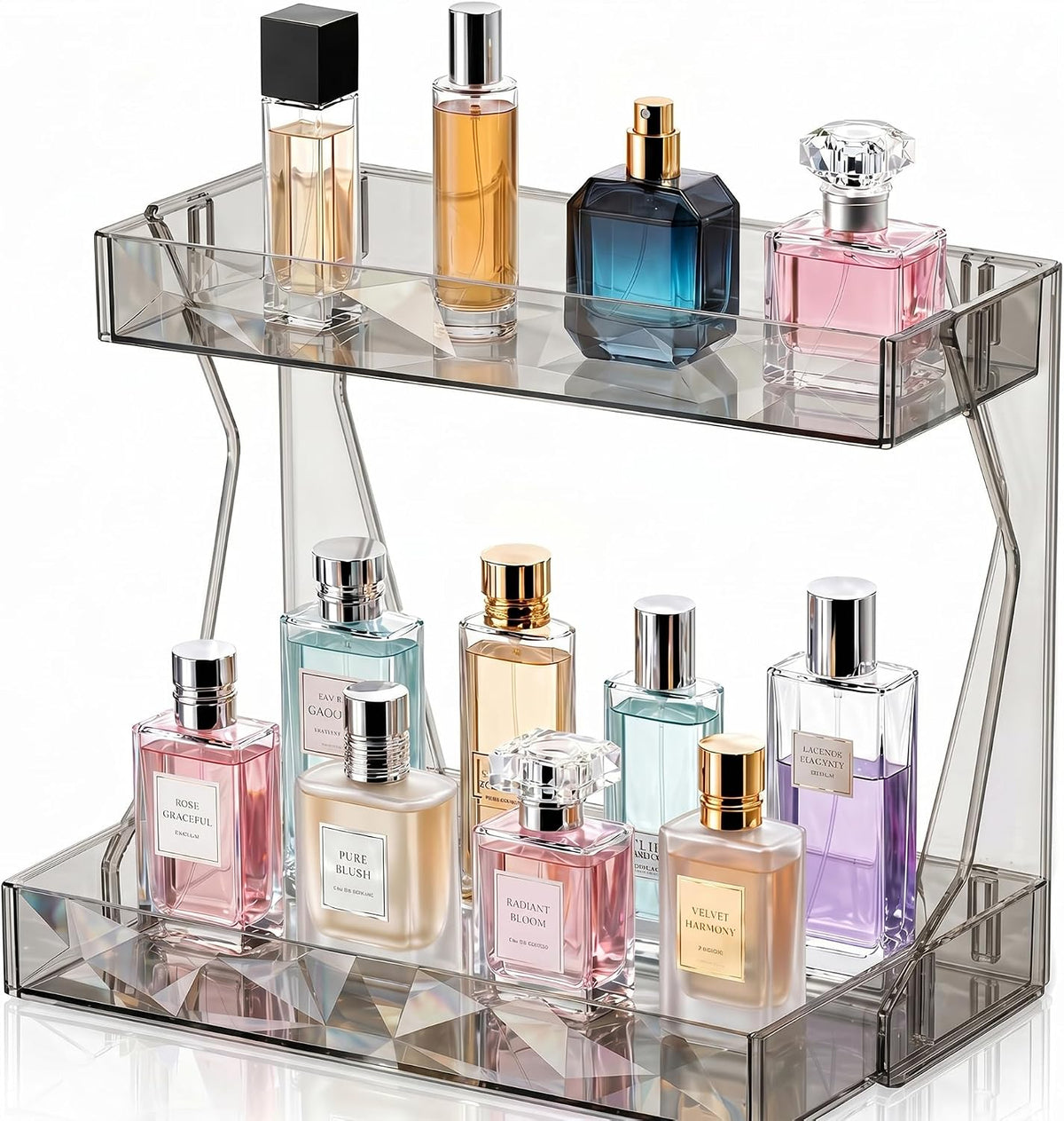 Perfume Organizer for Vanity, Premium Clear Acrylic Makeup Organizer Countertop with Non-Slip Trays, Easy 30-Second Assembly, organizador de maquillaje (Dark Diamond)