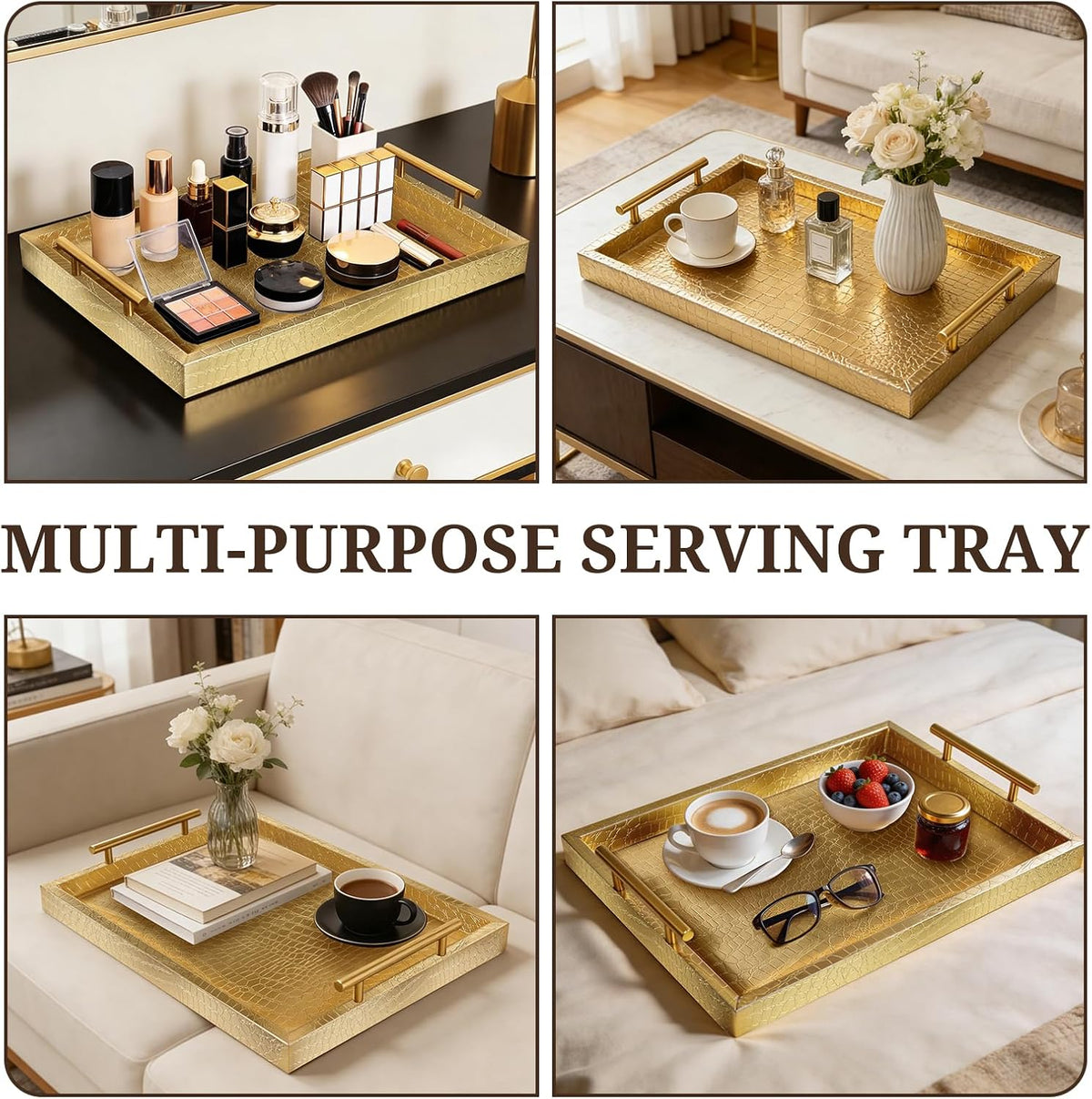 SXNOWS Faux Leather Serving Tray with Gold Handles, Glossy Gold