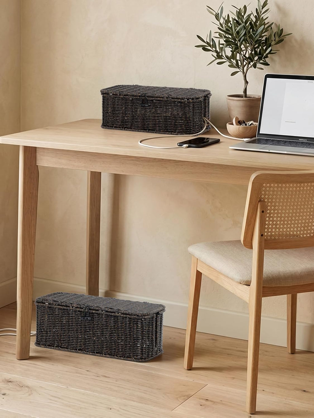 Cable Management Box, Cord Organizer with Lid & Cable Ties - Black, L