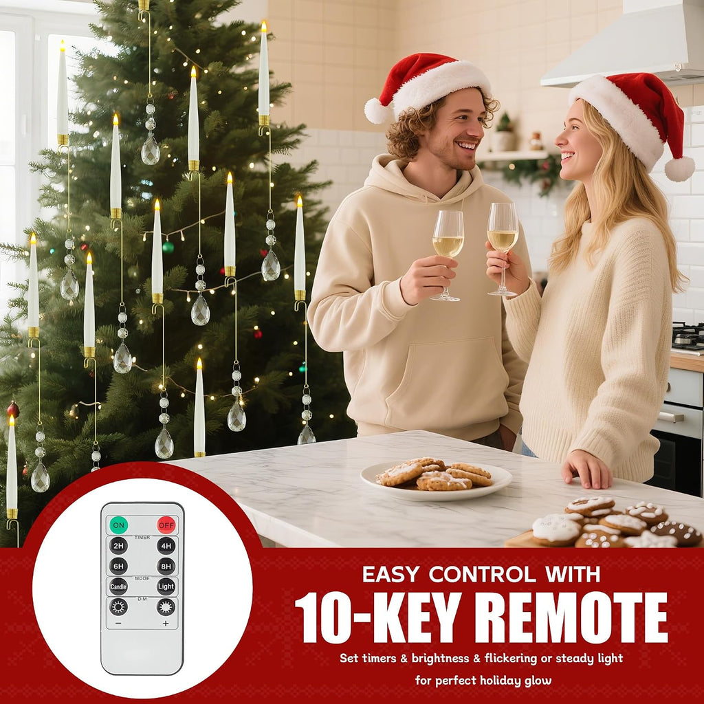 Christmas Tree Candles Battery Operated with Remote, Clip on Candles with Clear Waterdrop Ornaments & Hooks for XMAS Tree, Flickering LED Candlesticks for Winter New Year Home Party Decor, 10 Pcs