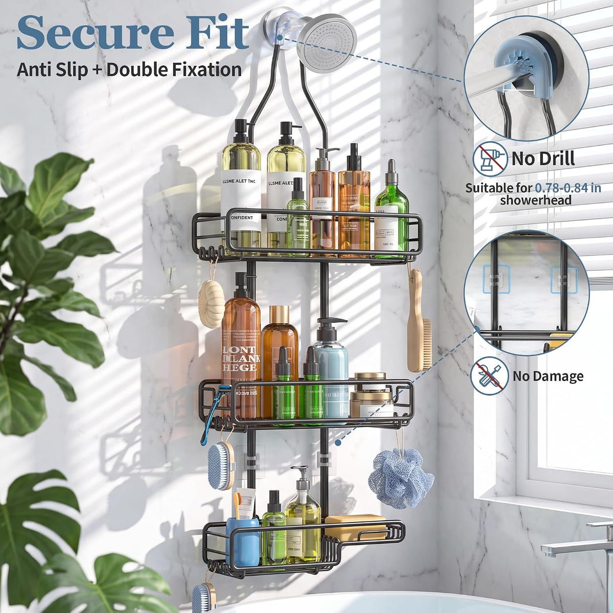 Skyapex Shower Caddy Hanging Bathroom Organizer: Over Head Adjustable Rack for Tall Showerhead - Extra Large Storage Shelf for Big Shampoo Bottles with Soap Holder