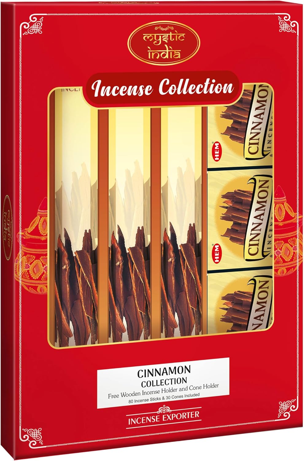 Mystic India - Hem Incense Cinnamon 4 Tube Hexa & 3 Box Cones with Free Incense Holder & Cone Holders