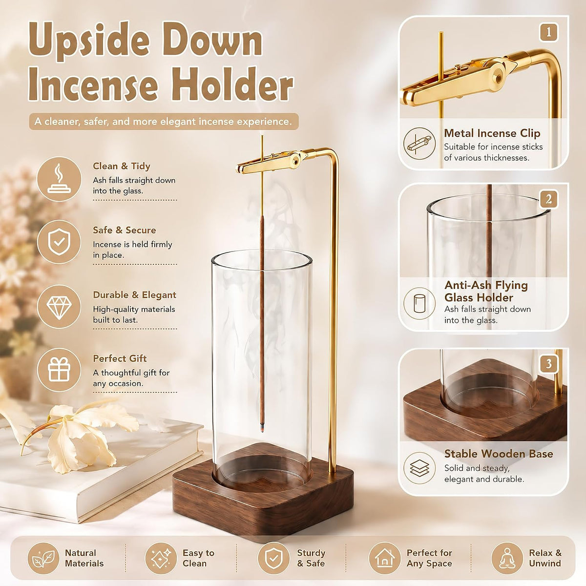 Incense Holder for Sticks with Glass Ash Catcher, Anti-Ash Flying Upside Down Insence Stick Burner, Modern Vertical Inscents-Sticks Holder for Yoga Spa Meditation Home Decor
