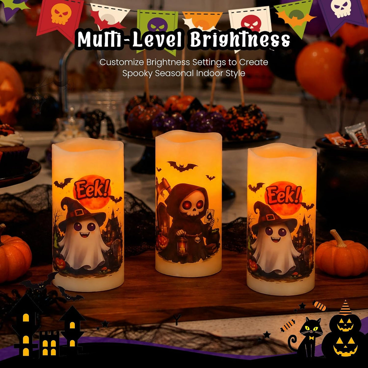 Pack of 2 Real Wax LED Ivory Flickering Flameless Candles with Remote, 2/4/6/8H Timer Long Lasting Battery Operated 3" x6"Pillar Electric Warm Glow Ghostly Skull for Halloween Home Decor