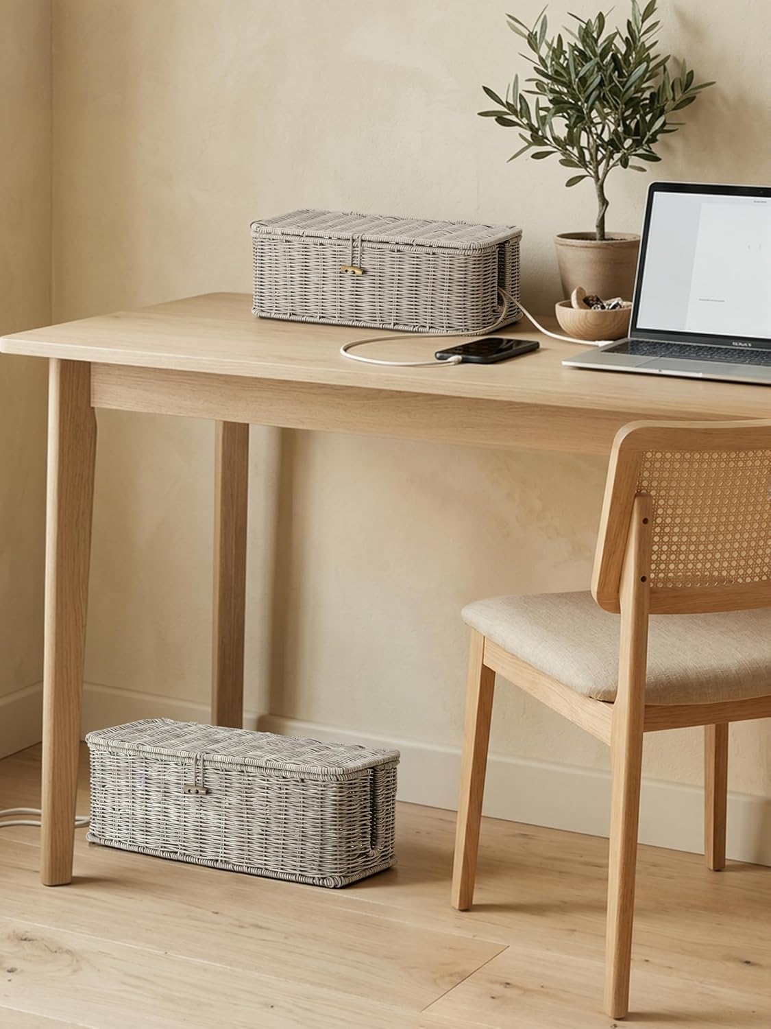 Cable Management Box, Cord Organizer with Lid & Cable Ties - Gray, L