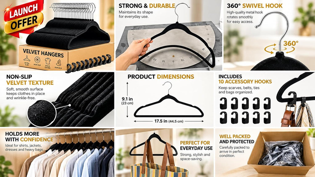 Velvet Hangers 60 Pack with 10 Hooks - Black Non-Slip Clothes Hangers, Ultra Thin Space Saving Design for Coats, Suits, Shirts, Dresses, Pants & Closet Organization