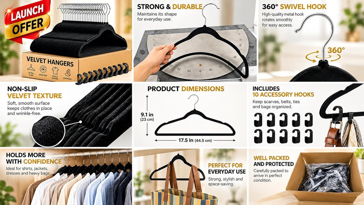 Velvet Hangers 60 Pack with 10 Hooks - Black Non-Slip Clothes Hangers, Ultra Thin Space Saving Design for Coats, Suits, Shirts, Dresses, Pants & Closet Organization