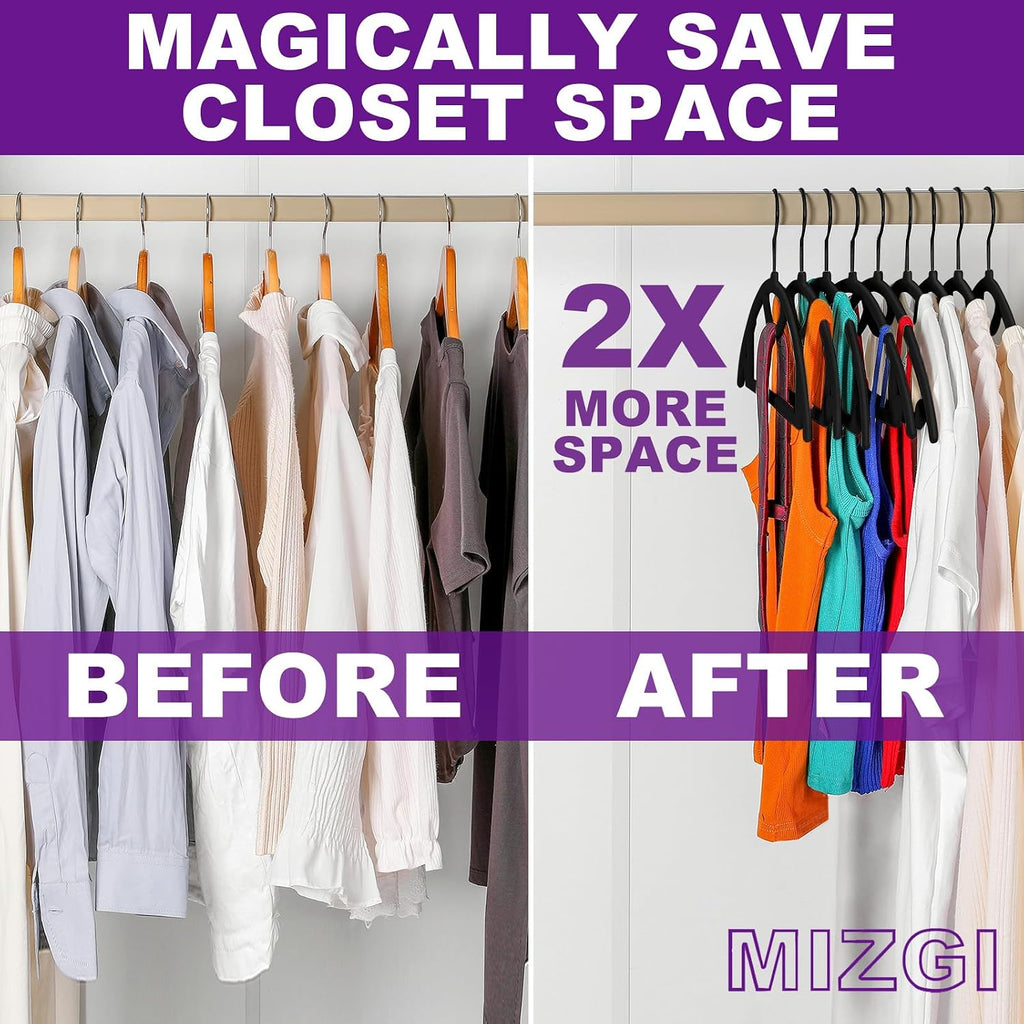 MIZGI Premium Velvet Hangers 50-Pack,No Shoulder Bump Hangers W/Tie Bar Ultra Thin Space Saving Non Slip Hanger Heavy Duty Felt Rounded Clothes Hanger for Sweaters,Coat,Jackets,Pants,Shirts