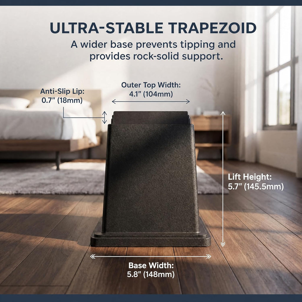 Heavy Duty Furniture Risers - 1200 Lbs Capacity Square Bed Risers with 4.1 Inch Universal Cavity, 6 Inch 4-Pack Black, Sofa Lift and Desk Elevators for Under Bed Storage