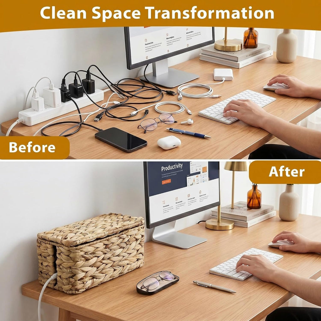 2 Pack Handwoven Cable Management Box with Lid, Decorative Cord Organizer for Power Strips, Chargers, TV Wires, Desk, Home & Office Storage, Natural Water Hyacinth