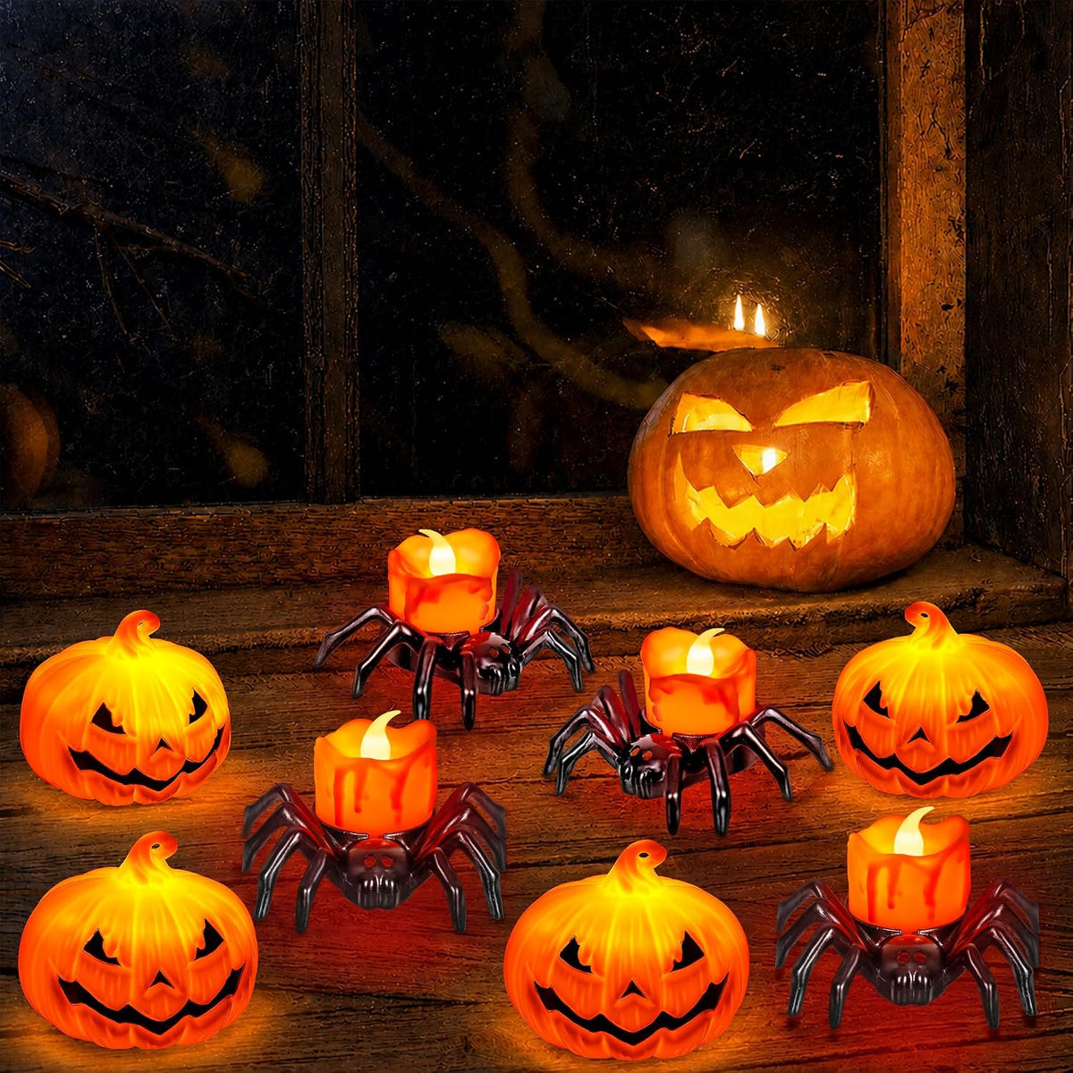 8 PCS Halloween Spider Pumpkin Candles, Battery Operated Halloween Tea Lights Flameless LED Candles, Halloween Pumpkin Tealights Spooky Electric Flickering Candles for Home Party Decorations