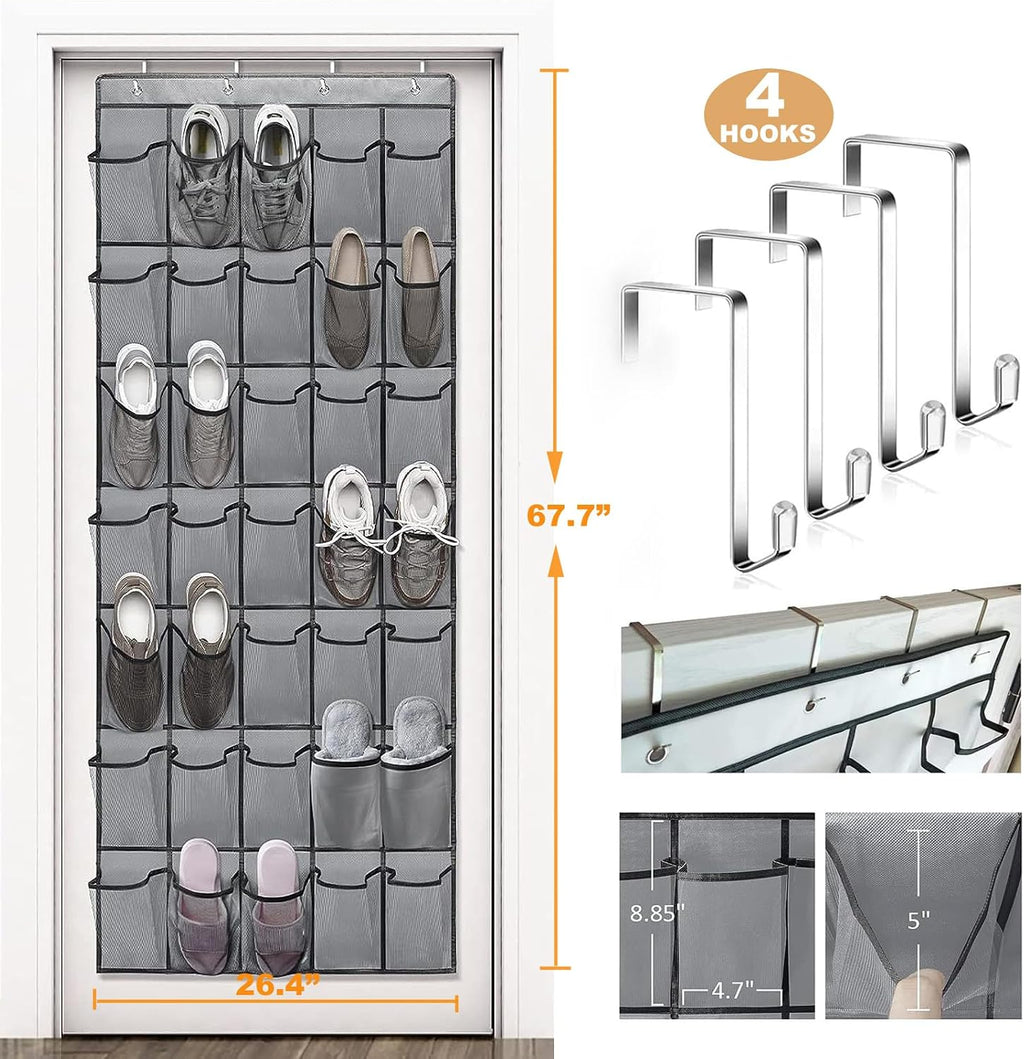 35 Large Pockets Over The Door Shoe Organizer – Sturdy Oxford Fabric Hanging Shoe Rack with Mesh Pockets, Door Shoe Rack with 4 Metal Hooks, Space-Saving Shoe Holder, Gray