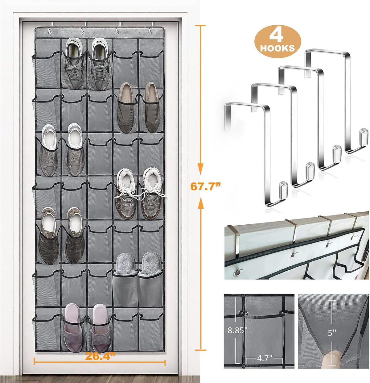 35 Large Pockets Over The Door Shoe Organizer – Sturdy Oxford Fabric Hanging Shoe Rack with Mesh Pockets, Door Shoe Rack with 4 Metal Hooks, Space-Saving Shoe Holder, Gray