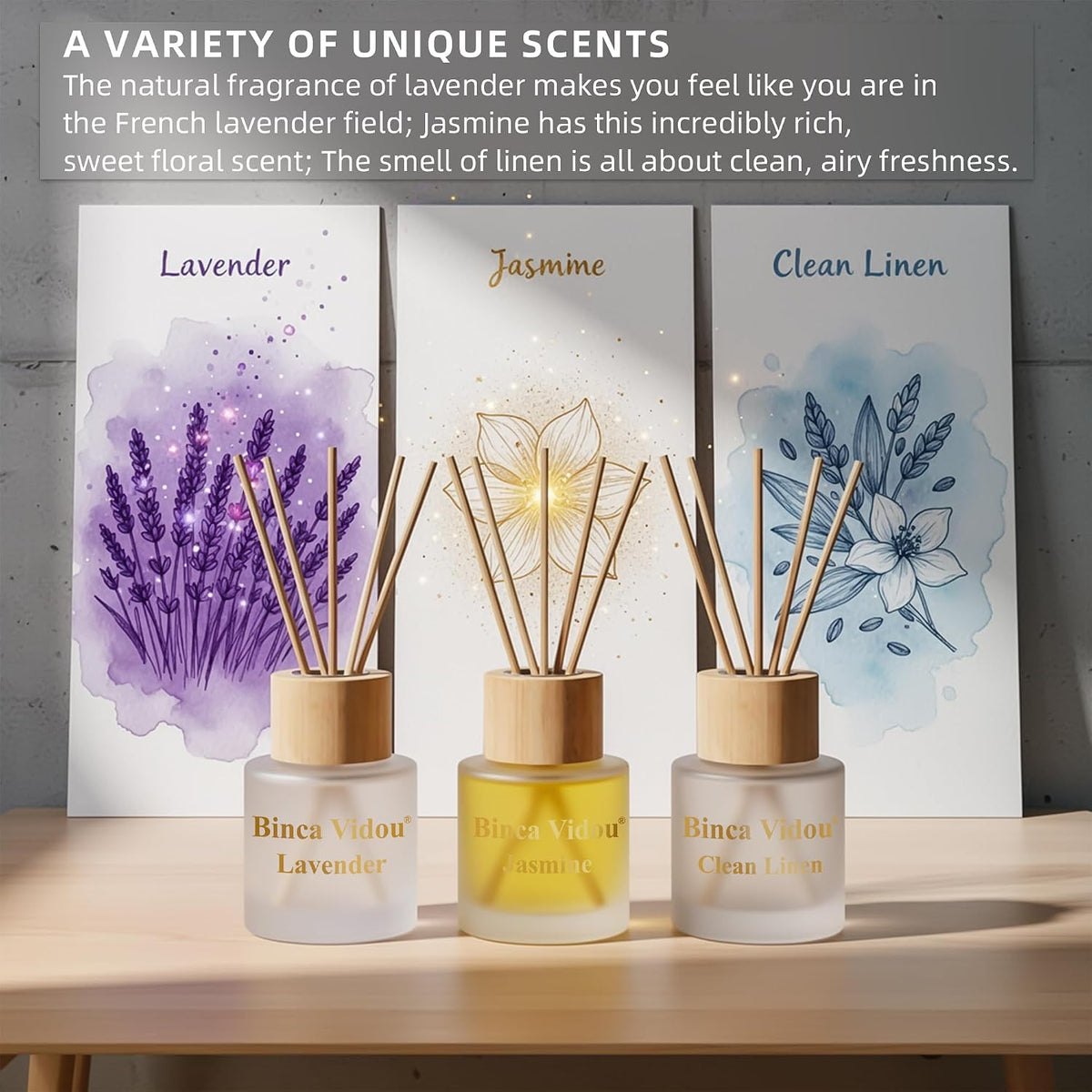 Reed Diffuser Set, Binca Vidou Lavender Linen Jasmine Natural Scent 1.69oz X 3