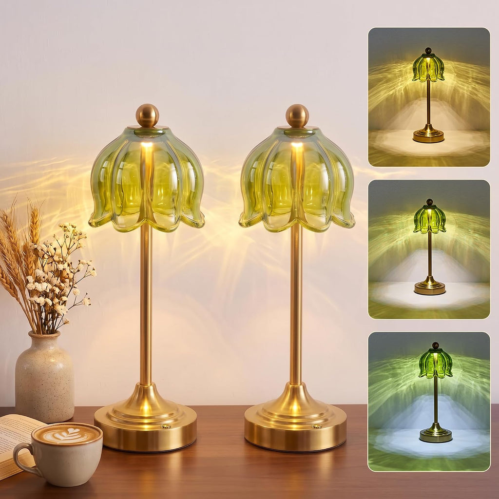 Set of 2 Vintage Cordless Green Glass Tulip Table Lamp