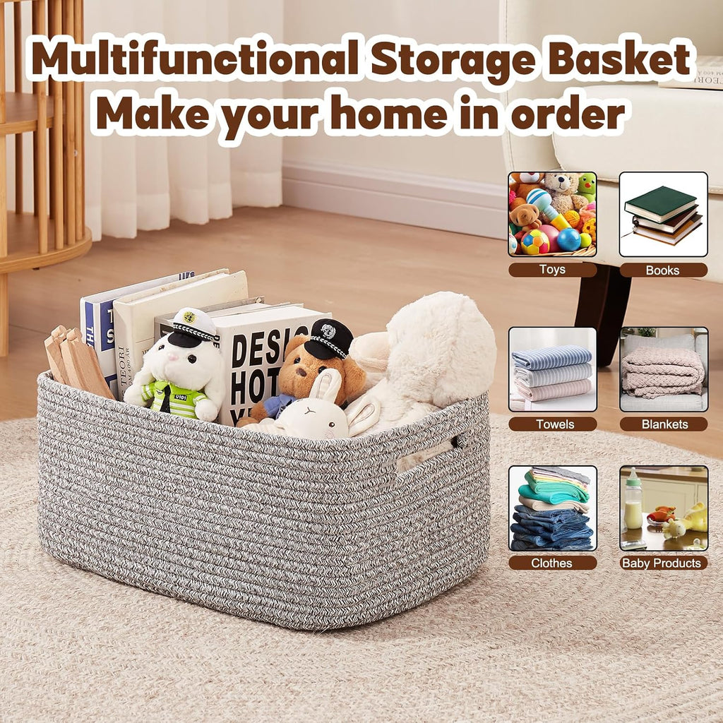 OIAHOMY Storage Basket for Shelves, Closet Cube Storage Bins Baskets for Clothes Blanket Towels, Baby Nursery, Toy Baskets Box, Woven Rope Basket, 15.75 * 11.81 * 7.09 IN, 2 Packs Grey