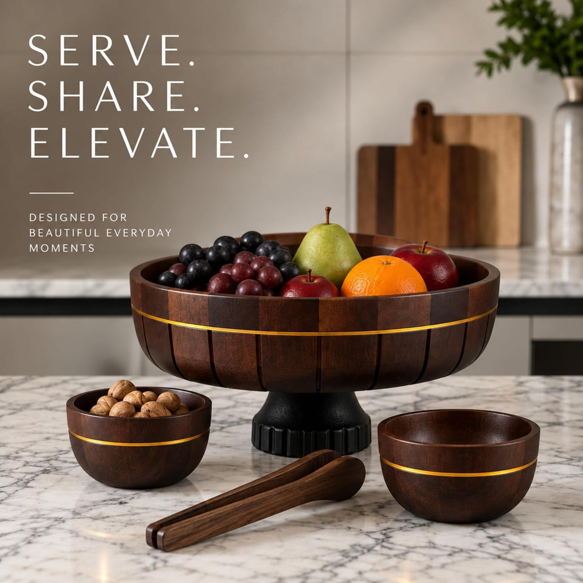 4-Piece Acacia Wooden Fruit Bowl Set for Kitchen Counter, 11-Inch Large Decorative Pedestal Bowl with 2 Matching Serving Bowls & Compact 6.7-Inch Wooden Tongs, Dark Walnut Finish