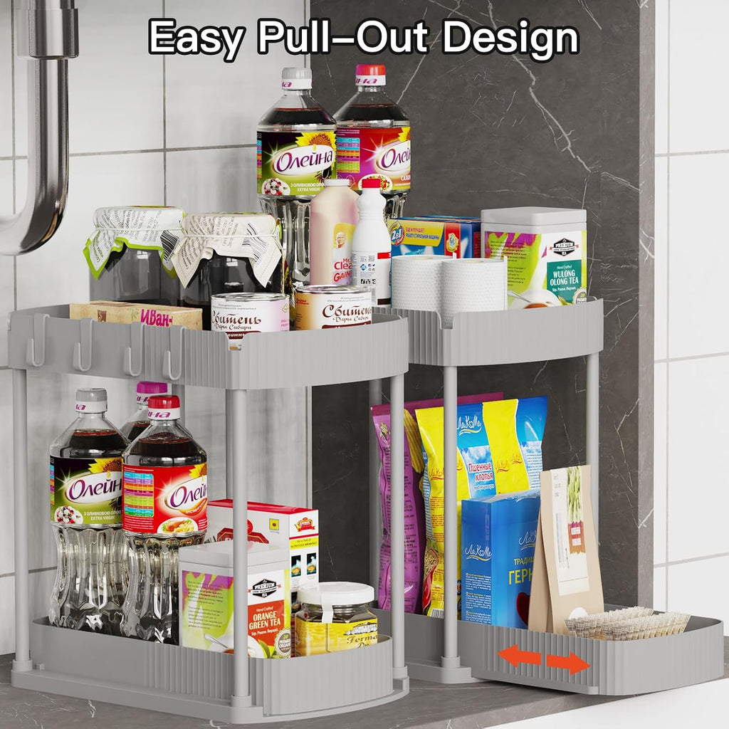 2 Packs Under Sink Pull-Out Storage Organizers, 12.8 Inches, Grey