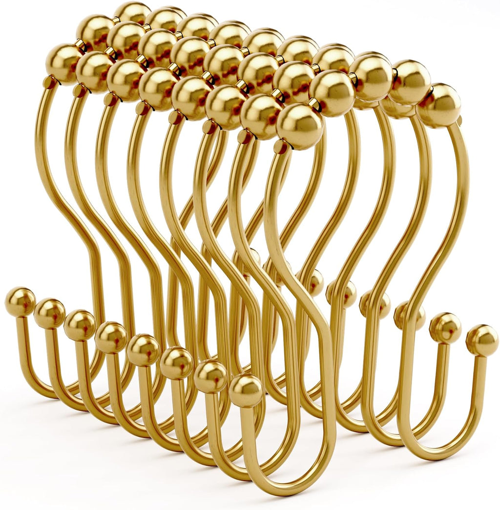 Bathway Shower Curtain Hooks, Shower Curtain Rings Rust Proof Double Hook Shower Curtain Hooks, 12 Pcs Bright Gold Shower Hooks for Shower Curtain, Shower Rings for Curtain, Metal Shower Rod Hooks