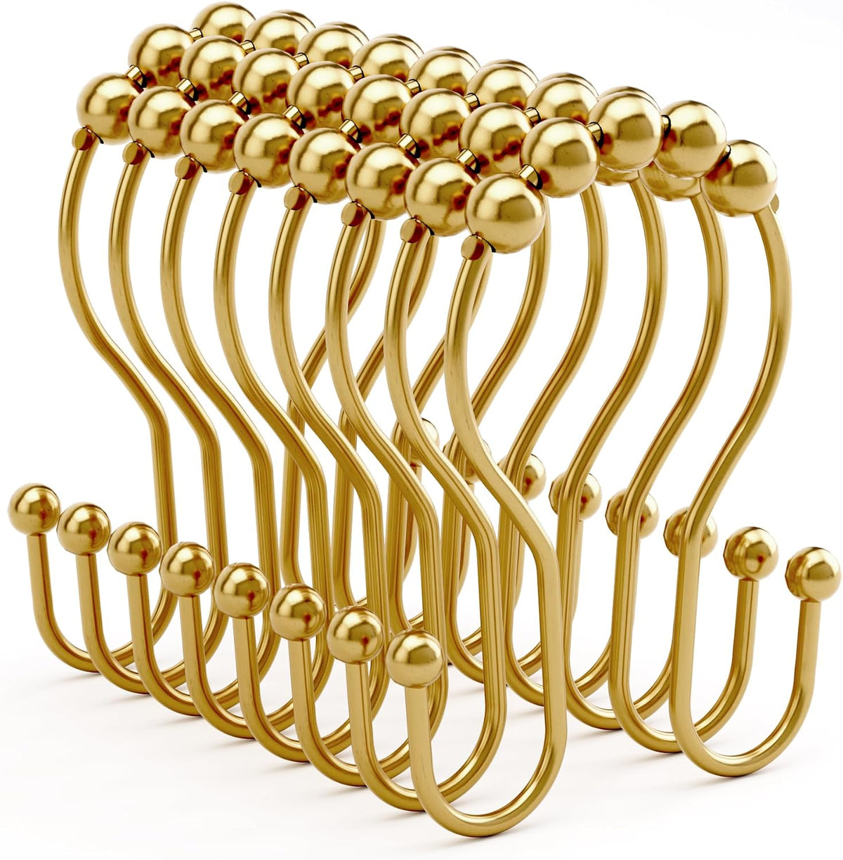 Bathway Shower Curtain Hooks, Shower Curtain Rings Rust Proof Double Hook Shower Curtain Hooks, 12 Pcs Bright Gold Shower Hooks for Shower Curtain, Shower Rings for Curtain, Metal Shower Rod Hooks